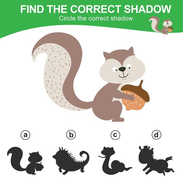 Encuentra la sombra correcta Juego de sombras de animales a juego para niños Hoja de trabajo para niños Archivo vectorial