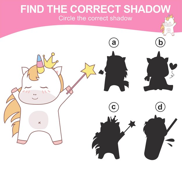 Encuentra la sombra correcta Juego de sombras de unicornio a juego para niños Hoja de trabajo para niños Archivo vectorial