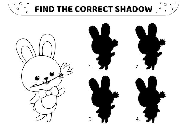 Encuentra la sombra correcta liebre blanco y negro con flor juego de coincidencia de sombras vectorial