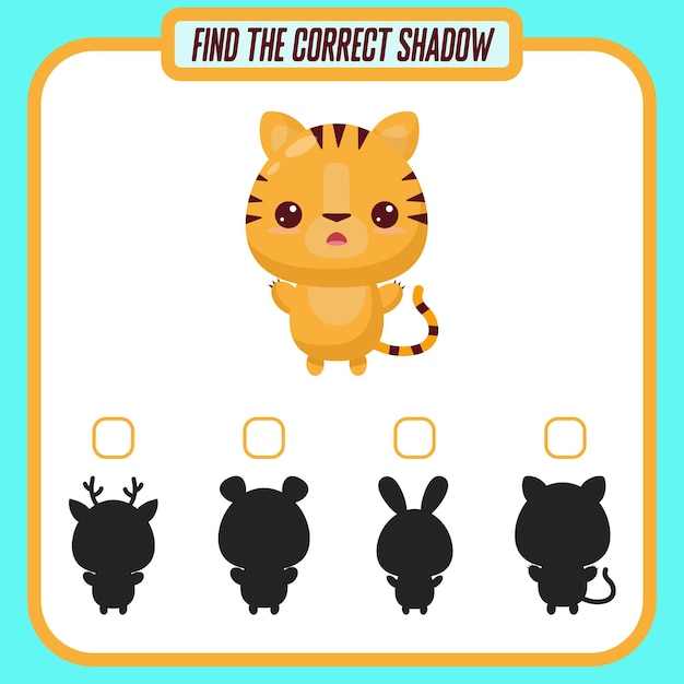 Encuentra la sombra correcta lindo tigre de dibujos animados juego educativo con animales juegos de lógica para niños con una respuesta una tarjeta de entrenamiento con una tarea para niños de preescolar y jardín de infantes