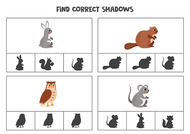 Encuentra la sombra correcta de lindos animales del bosque Juegos de tarjetas con clip imprimibles para niños