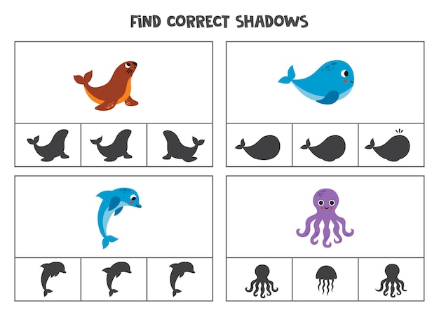Encuentra la sombra correcta de lindos animales marinos Juegos de tarjetas de clip imprimibles para niños