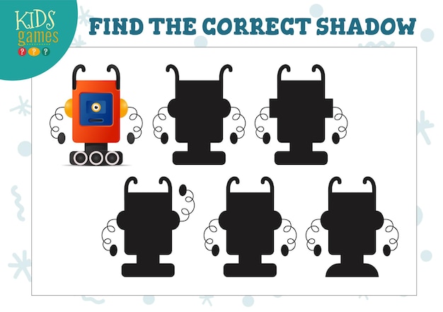 Encuentra la sombra correcta para el minijuego educativo para niños en edad preescolar de robot de dibujos animados lindo. Ilustración de vector con 5 siluetas para ejercicio de combinación de sombras