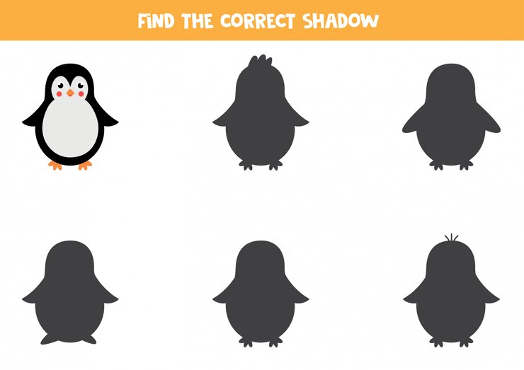 Vector encuentra la sombra correcta de pingüino de dibujos animados. juego de lógica para niños.