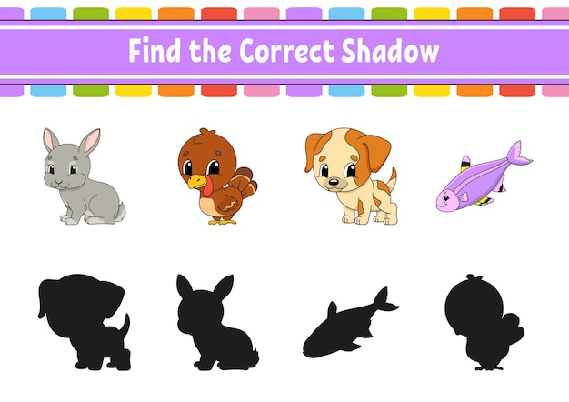 Encuentra la sombra correcta. tema de animales Hoja de trabajo de desarrollo educativo. Juego de correspondencias para niños. Página de actividades de colores. Rompecabezas para niños.