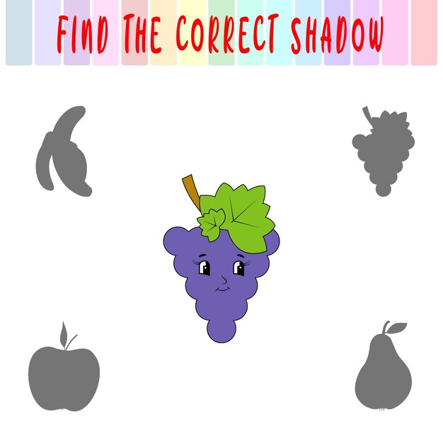 Encuentra la sombra correcta Uva de dibujos animados lindo Juego educativo con frutas Juegos de lógica para niños