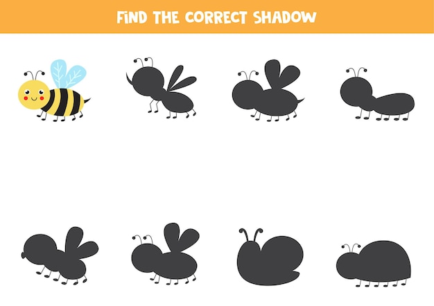 Encuentra la sombra de la linda abeja kawaii. juego de lógica para niños.