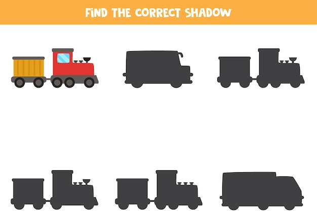 Encuentra la sombra del tren de dibujos animados. Juego de lógica educativo para niños.