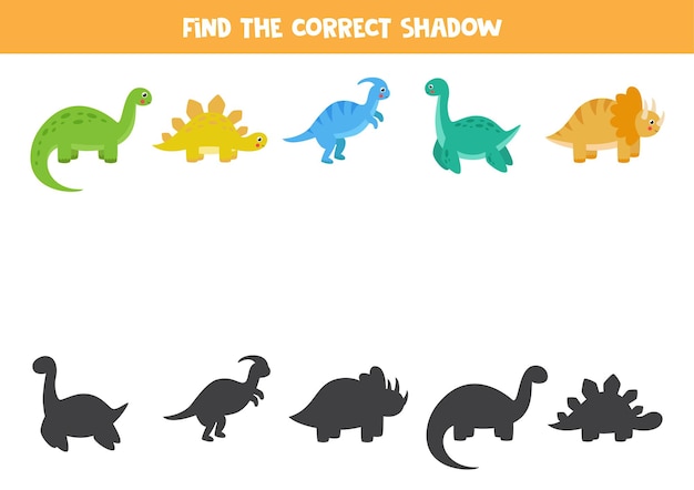 Encuentra las sombras de cada dinosaurio. Juego de lógica educativo para niños.