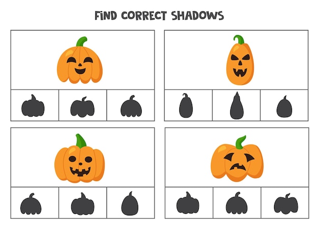 Encuentra las sombras correctas de las calabazas de halloween de dibujos animados. tarjetas de clip para niños en edad preescolar.