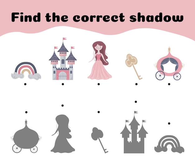 Encuentra las sombras correctas del castillo de la princesa y el juego educativo de carroza Ilustración vectorial