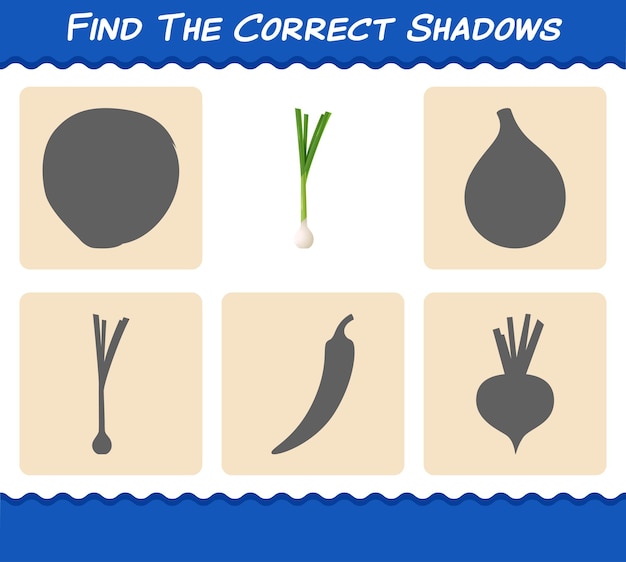 Encuentra las sombras correctas de la cebolla tierna de dibujos animados. Juego de búsqueda y emparejamiento. Juego educativo para niños y niños pequeños en edad preescolar.