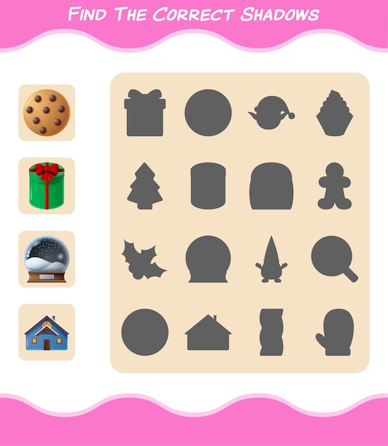 Encuentra las sombras correctas de dibujos animados navideños. Juego de búsqueda y emparejamiento. Juego educativo para niños y niños pequeños en edad preescolar.