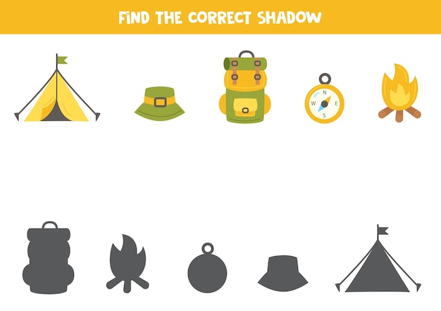 Encuentra las sombras correctas de los elementos de campamento de dibujos animados Rompecabezas lógico para niños