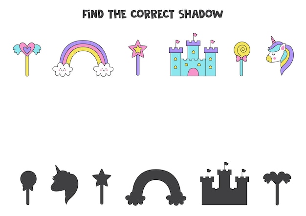 Encuentra las sombras correctas de elementos lindos de unicornio Rompecabezas lógico para niños