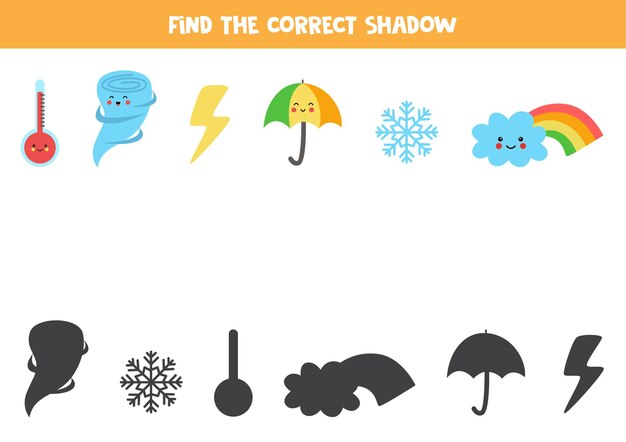 Encuentra las sombras correctas de los elementos meteorológicos. Juego de lógica para niños en edad preescolar.
