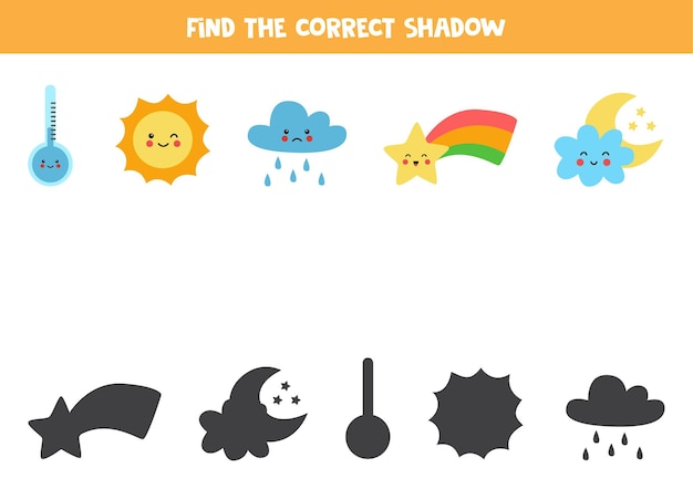 Encuentra las sombras correctas de los elementos meteorológicos. Juego de lógica para niños en edad preescolar.