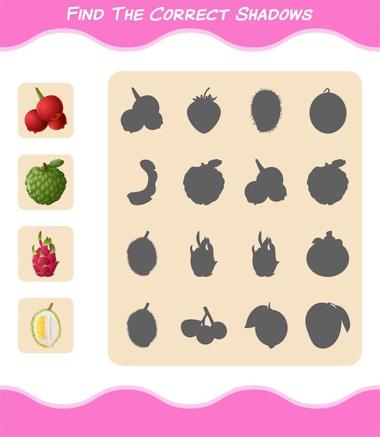 Encuentra las sombras correctas de las frutas de dibujos animados. juego de búsqueda y emparejamiento. juego educativo para niños y niños pequeños en edad preescolar.