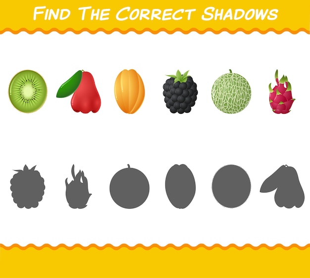 Encuentra las sombras correctas de las frutas de dibujos animados. Juego de búsqueda y emparejamiento. Juego educativo para niños y niños pequeños en edad preescolar.