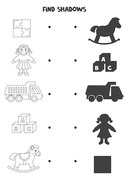 Encuentra las sombras correctas de los juguetes blancos y negros rompecabezas lógicos para niños