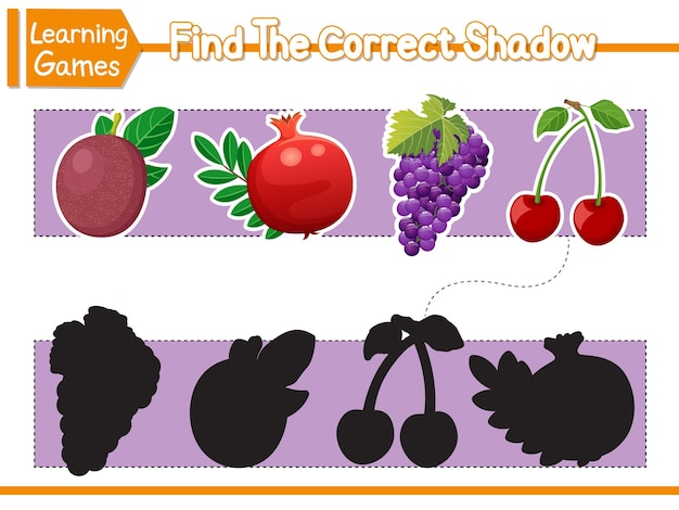 Encuentra las sombras correctas de lindas frutas de dibujos animados juego educativo para niños ilustración vectorial estilo de dibujos animados de personajes