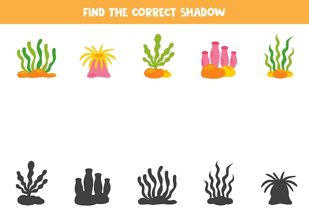 Encuentra las sombras correctas de lindas plantas marinas Rompecabezas lógico para niños