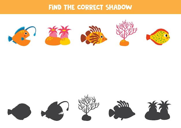 Encuentra las sombras correctas de lindos animales marinos Rompecabezas lógico para niños