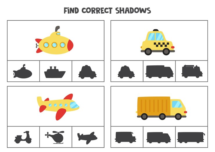 Vector encuentra las sombras correctas de los medios de transporte de dibujos animados. tarjetas de clip para niños en edad preescolar.