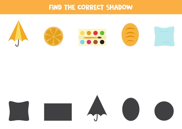 Encuentra las sombras correctas de los objetos geométricos. Rompecabezas lógico para niños.