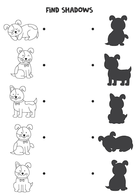 Encuentra las sombras correctas de perros blancos y negros Rompecabezas lógico para niños