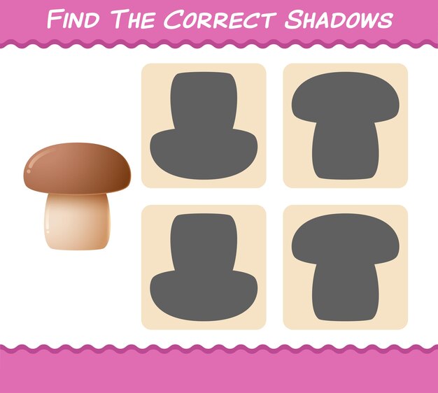 Encuentra las sombras correctas de la seta de dibujos animados. Juego de búsqueda y emparejamiento. Juego educativo para niños y niños pequeños en edad preescolar.