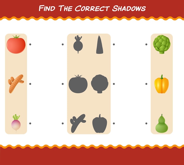 Encuentra las sombras correctas de las verduras de dibujos animados. Juego de buscar y unir. Juego educativo para niños y niños pequeños en edad preescolar.
