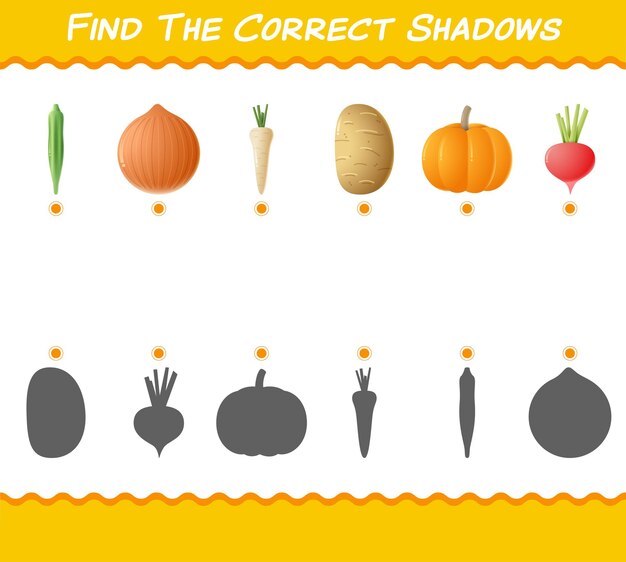 Encuentra las sombras correctas de las verduras de dibujos animados. Juego de búsqueda y emparejamiento. Juego educativo para niños y niños pequeños en edad preescolar.