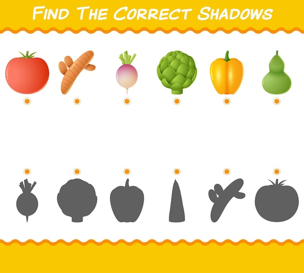 Encuentra las sombras correctas de las verduras de dibujos animados. Juego de búsqueda y emparejamiento. Juego educativo para niños y niños pequeños en edad preescolar.