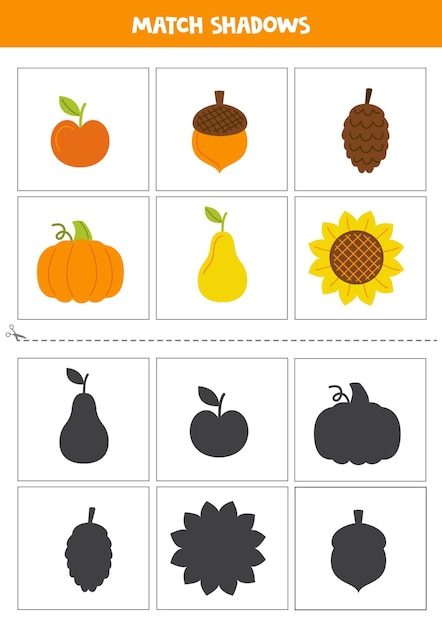 Encuentra sombras de elementos otoñales Tarjetas para niños