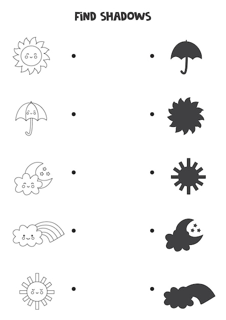 Encuentra sombras de lindos eventos climáticos. Hoja de trabajo en blanco y negro. Juego de lógica educativo para niños.