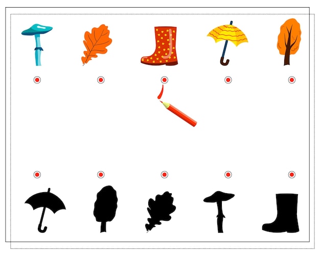 Encuentra el tono adecuado para un hongo, una bota, un árbol, un paraguas Un juego lógico para niños Vector