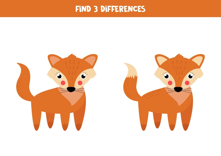 Vector encuentra tres diferencias entre dos imágenes de un lindo zorro.