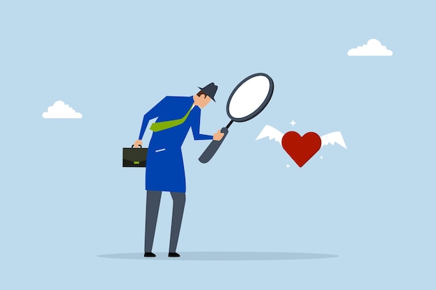 Encuentra tu pasión investigador mirada lente de ampliación con el entusiasmo en forma de amor