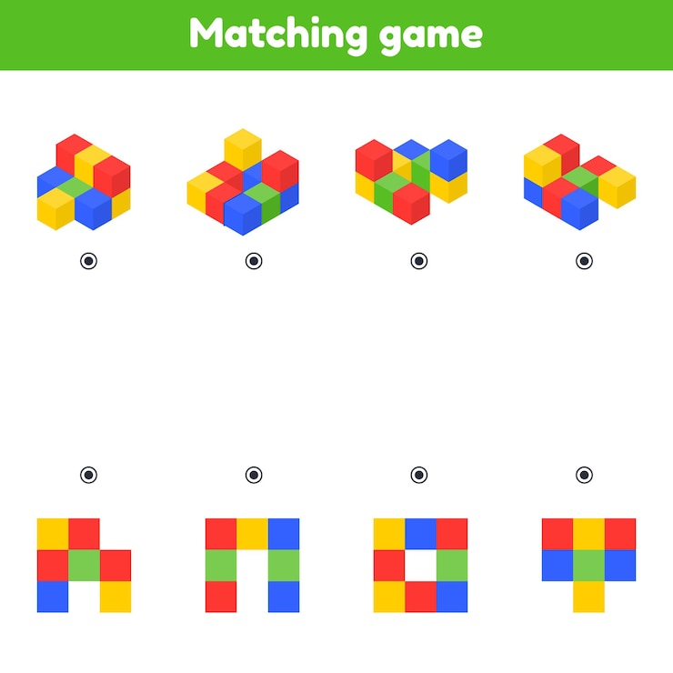 Vector encuentra la vista superior. juego de correspondencias. cubos de colores. hoja de trabajo para niños.