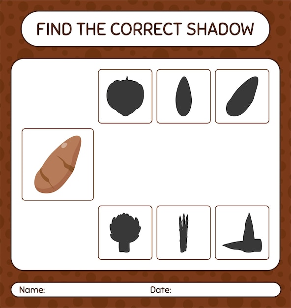 Encuentre el juego de sombras correcto con la hoja de trabajo de raíz de ñame para niños en edad preescolar hoja de actividades para niños