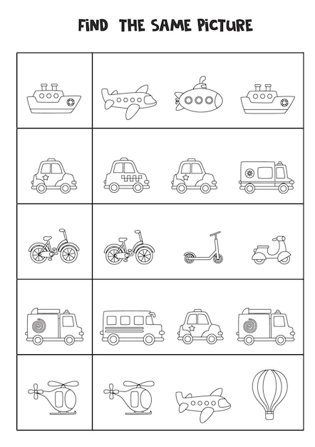 Encuentre la misma imagen de medios de transporte en blanco y negro. Hoja de trabajo educativa para niños.