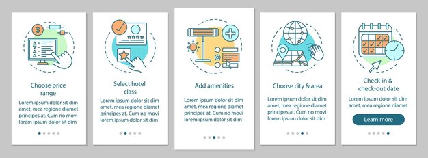 Encuentre la pantalla de la página de la aplicación móvil de incorporación del hotel con conceptos lineales. sitio web de reserva de hotel. elija las instrucciones gráficas de los pasos del tutorial de las comodidades de la habitación. ux, ui, plantilla de vector de gui con iconos