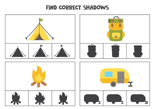Encuentre la sombra correcta de los elementos de campamento Juegos de tarjetas de clip imprimibles para niños