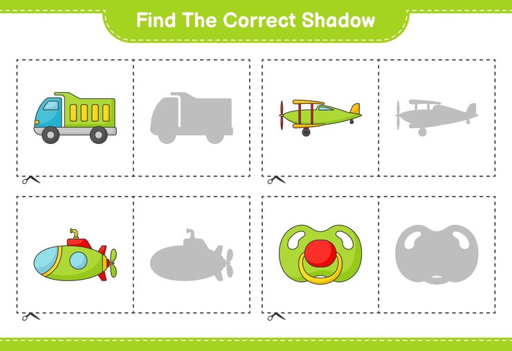Vector encuentre la sombra correcta encuentre y combine la sombra correcta de camión avión submarino y chupete juego educativo para niños hoja de cálculo imprimible ilustración vectorial