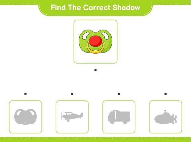 Encuentre la sombra correcta Encuentre y combine la sombra correcta de la ilustración vectorial de la hoja de cálculo imprimible del juego educativo para niños Chupete