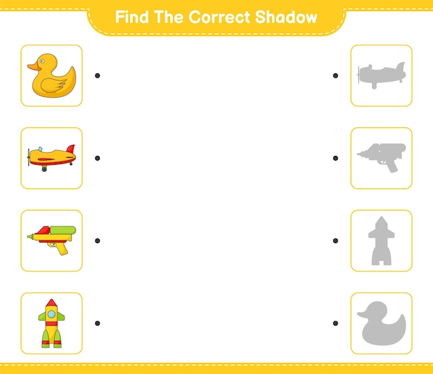 Encuentre la sombra correcta encuentre y combine la sombra correcta de plane rocket pato de goma y pistola de agua juego educativo para niños hoja de cálculo imprimible ilustración vectorial