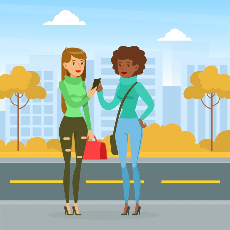 Vector encuentro de dos amigas dos chicas caminando y charlando en la calle de la ciudad mejores amigas para siempre concept de amistad femenina ilustración vectorial de dibujos animados