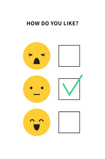 Encuesta de encuesta o cuestionario con caras emoji para investigación de satisfacción del cliente o ilustración de vector de experiencia de usuario aislada sobre fondo blanco