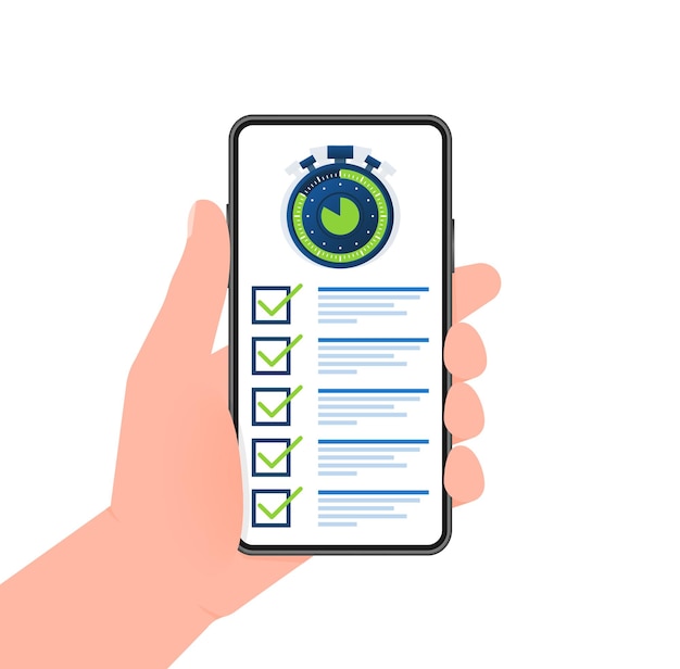 Vector encuesta rápida ícono de credencial lista de control y cronómetro aplicación de examen signo de encuesta rápida